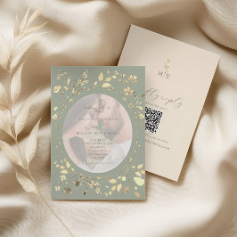 Sage Green Gold Floral Photo Wedding Inbjudningar