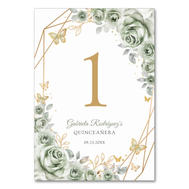 Sage Green Gold Floral Quinceanera Bordsnummer (Framsidan)