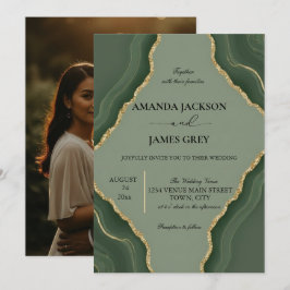 Sage Green Gold Geode Photo Back Wedding  Inbjudningar