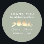 Sage Green Gold Lovebirds Wedding Runt Klistermärke<br><div class="desc">Elegant dusty sage green wedding favor sticker featuring faux gold lovebirds and a sweet “Thank you for celebrating with us” message. Personalized with the couple’s names and wedding date, this round sticker is perfect for sealing envelopes, decorating favor bags, or adding a romantic touch to your reception decor. Coordinates with...</div>