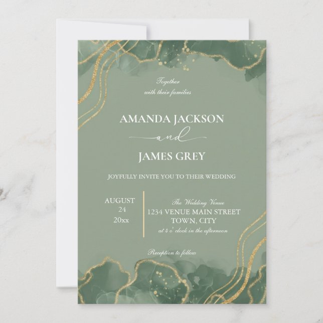 Sage Green Gold Photo Wedding Invitation  Inbjudningar (Framsida)