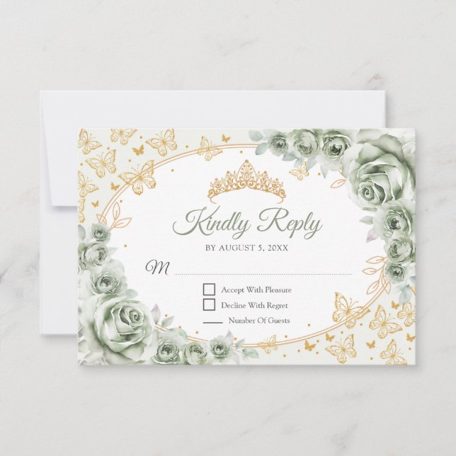 Sage Green Gold Quinceanera Reply OSA Kort (Framsida)