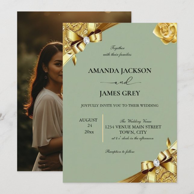 Sage Green Gold String Lights Photo Wedding Invita Inbjudningar (Fram/baksida)