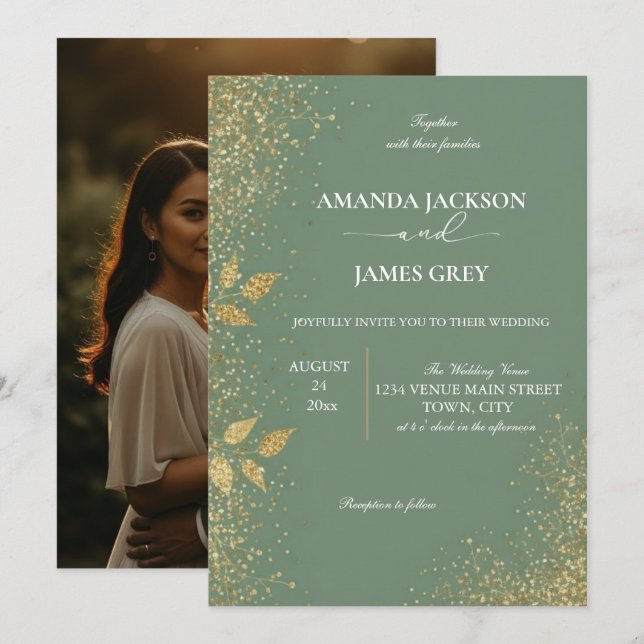 Sage Green & Gold Wedding Invitation Inbjudningar (Fram/baksida)