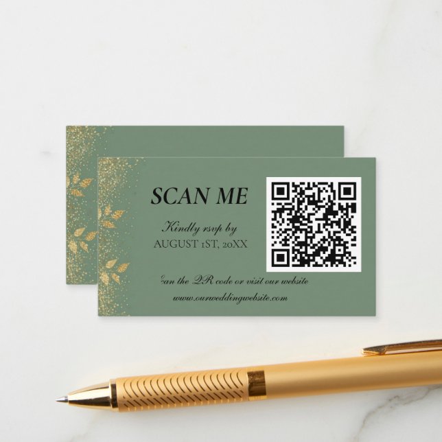 Sage Green Gold Wedding QR Code RSVP Tilläggskort (Fram/Back In Situ)