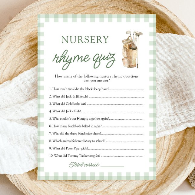Sage Green Golf Nursery Rhyme Quiz Bebisdopp Inbjudningar (Sage Green Golf Nursery Rhyme Quiz Baby Shower)