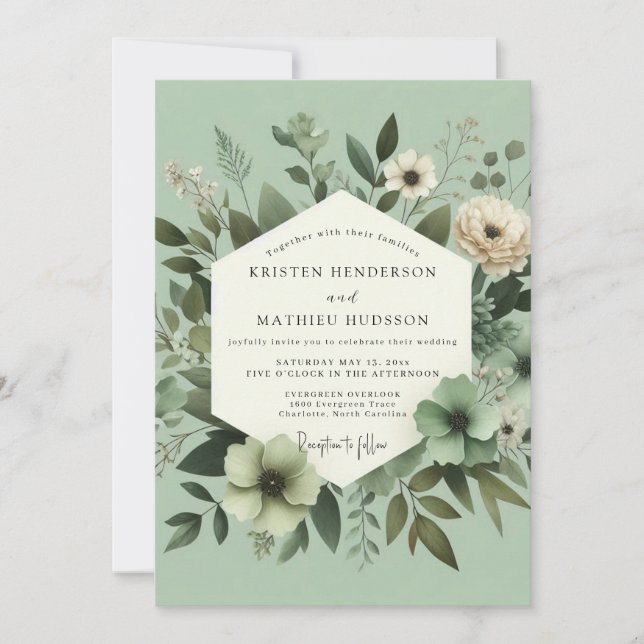 Sage Green Graceful Botanical Wedding Inbjudningar (Framsida)