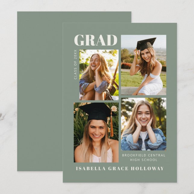 Sage Green Grad Announcement With Photos Inbjudningar (Fram/baksida)