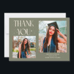 Sage Green Graduate Thank You 2-Photo  Meddelande<br><div class="desc">Modern and whimsical graduation announcement photo card featuring 2 photos on the front and 1 on the back. The text says "THANK YOU" with twinkling stars. Add the graduate's name,  information,  and message to personalize this card. Sage green.</div>