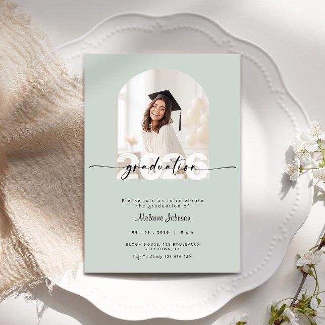Sage Green Graduation Invitation with Photo - 2026 Inbjudningar (Sage green graduation invitation with photo.)