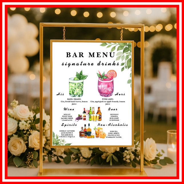 Sage Green Greenery Bar Meny Bröllopsdryckskylt  Poster (Skapare uppladdad)