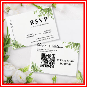 Sage Green Greenery Leaves QR-kod Bröllop RSVP OSA Kort