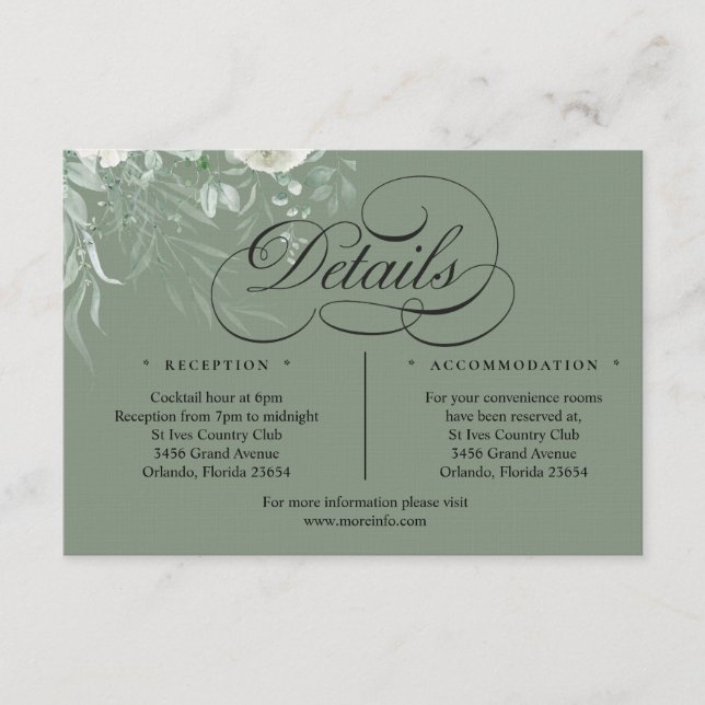Sage Green Greenery Wedding Calligraphy Details Tilläggskort (Framsida)
