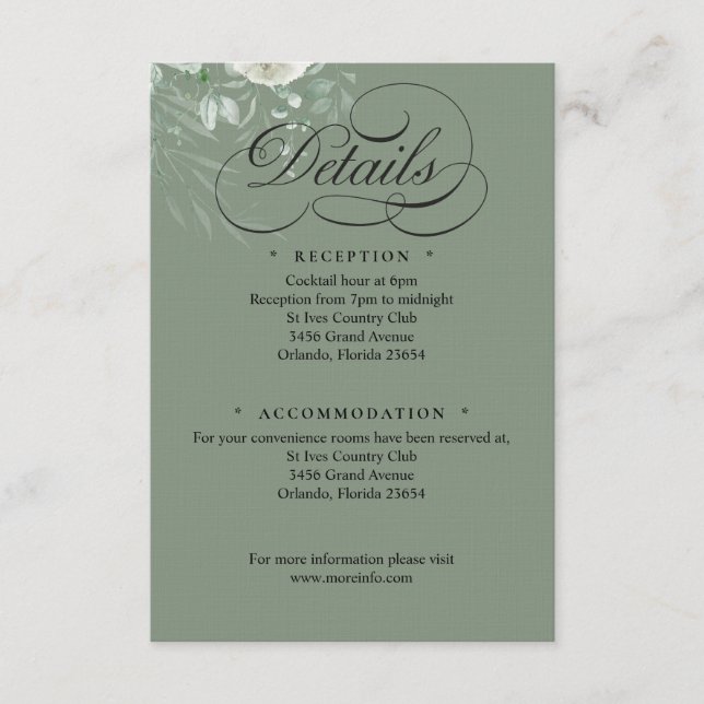 Sage Green Greenery Wedding Calligraphy Details Tilläggskort (Framsida)
