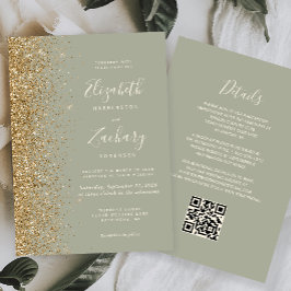 Sage Green Guld Glitter QR-kod Bröllop Inbjudningar