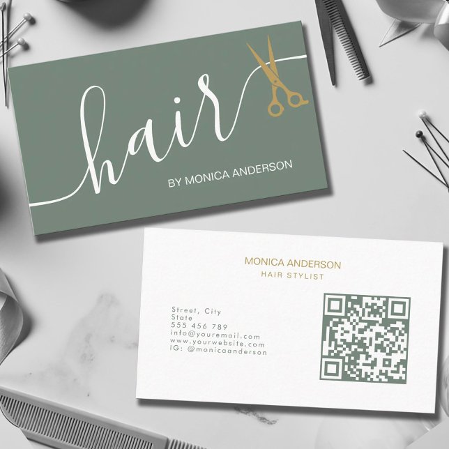 Sage Green Guld Hår Script Sax QR-kod Visitkort (Sage Green Gold Hair Script Scissors QR Code Business Card)