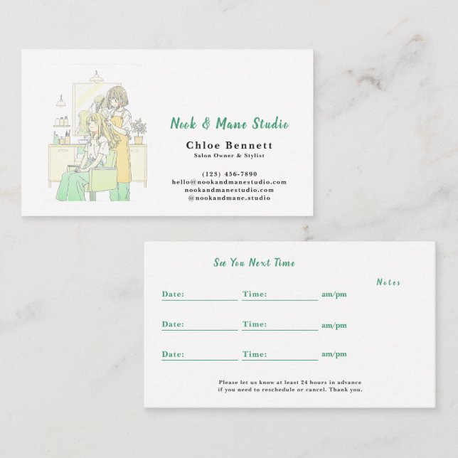 Sage Green Hair Stylist Illustrator Appointment＆ Visitkort (Fram/baksida)