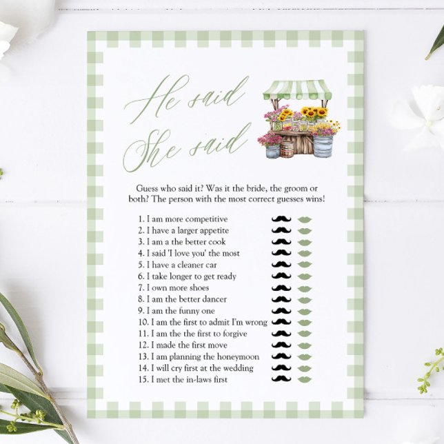 Sage Green Han sa hon sa Bröllopsduschspel Inbjudningar (Sage Green He Said She Said Bridal Shower Game)