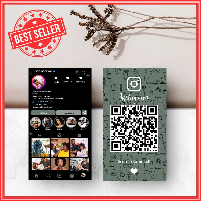 Sage Green Hårstudio Social Media QR Visitkort (Skapare uppladdad)