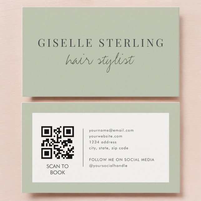 Sage Green Hårstylist QR-kod Visitkort (Skapare uppladdad)