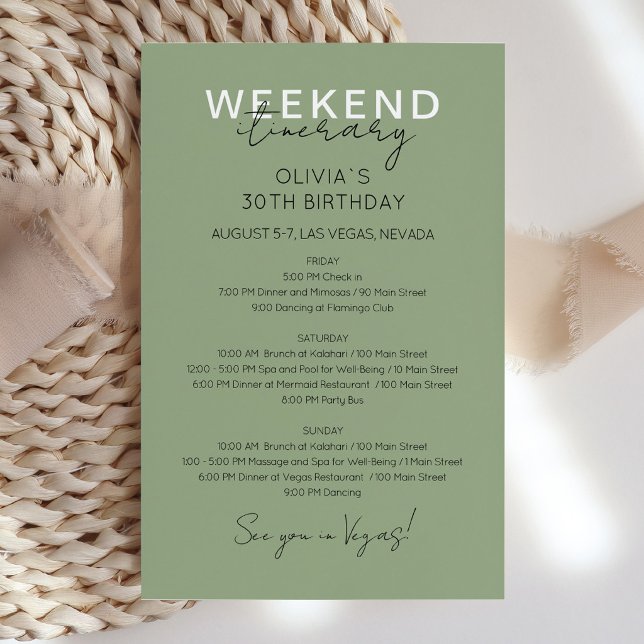 Sage Green Helgdag Bjudningskort för Födelsedagspl (Aesthetic Sage Green Birthday Itinerary Invitation Design)