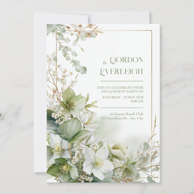 Sage Green Hellebore Botanical Gold Frame Wedding Inbjudningar (Framsida)