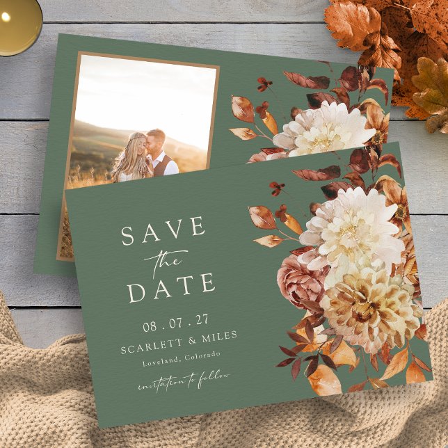 Sage Green Höstfoto Spara Datumet (Sage Green Fall Floral Photo Save The Date Invite by Painted Paperie
)