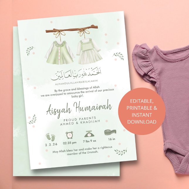 Sage Green Islamic Baby Birth Announcement Card Meddelande (Skapare uppladdad)