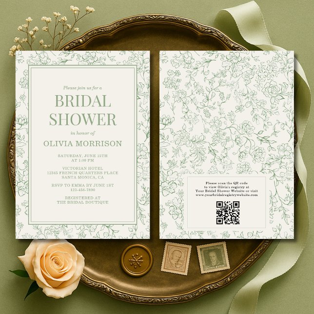 Sage Green Ivory French QR Code Bridal Shower Inbjudningar (Skapare uppladdad)