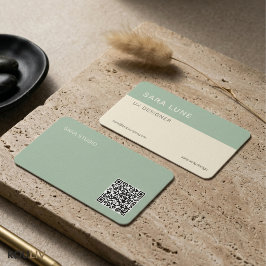 Sage Green Japandi Minimal QR Code Designer Studio Visitkort
