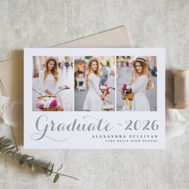 Sage Green Klass 2025 Fotokollage Examen Inbjudningar (Customizable sage green photo graduation announcement featuring modern calligraphy. )
