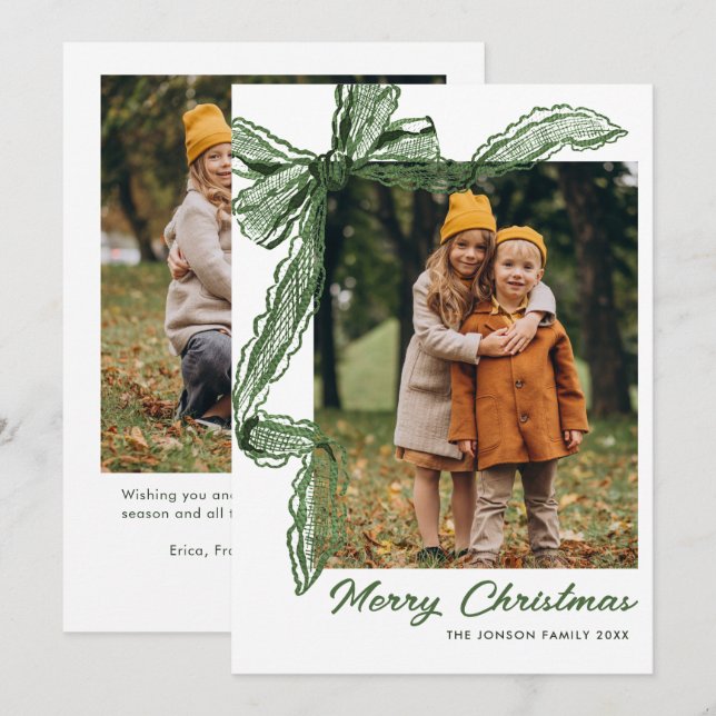 Sage Green Lace Christmas Bow Ribbon 2 Photo Julkort (Fram/baksida)