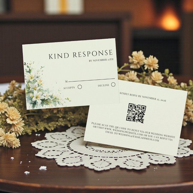 Sage Green Lily Valley Floral QR Code Wedding OSA Kort (Sage Green Lily Valley Floral QR Code Wedding RSVP Card)