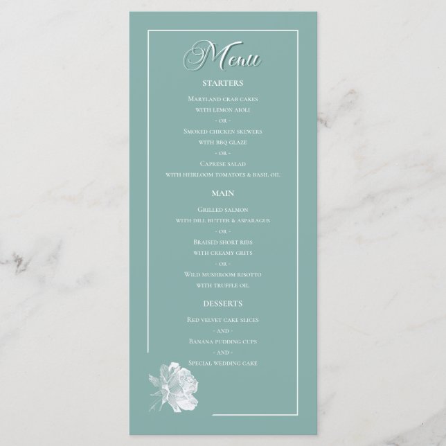 Sage Green Line Art Rose Dinner Dishes Wedding Meny (Framsida)