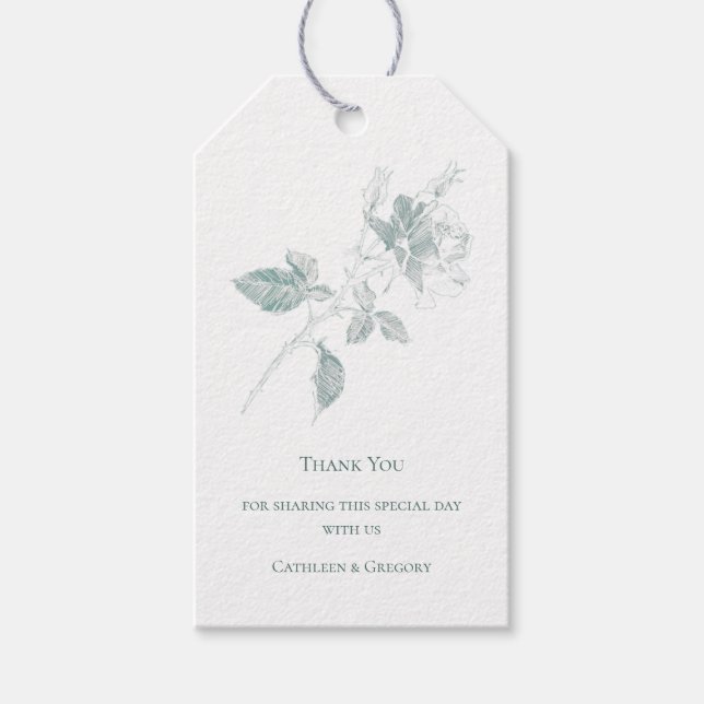 Sage Green Line Art Rose Thank You Wedding Presentetikett (Framsidan)