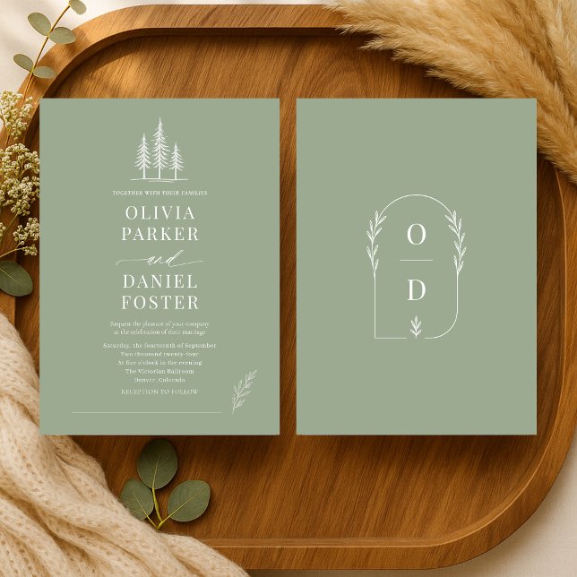 Sage Green Line Art Rustic Forest Wedding Inbjudningar (Skapare uppladdad)