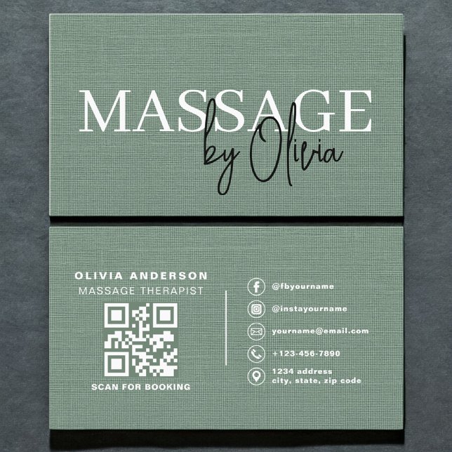 Sage Green Linne Massage Terapeut QR-kod  Visitkort (Skapare uppladdad)