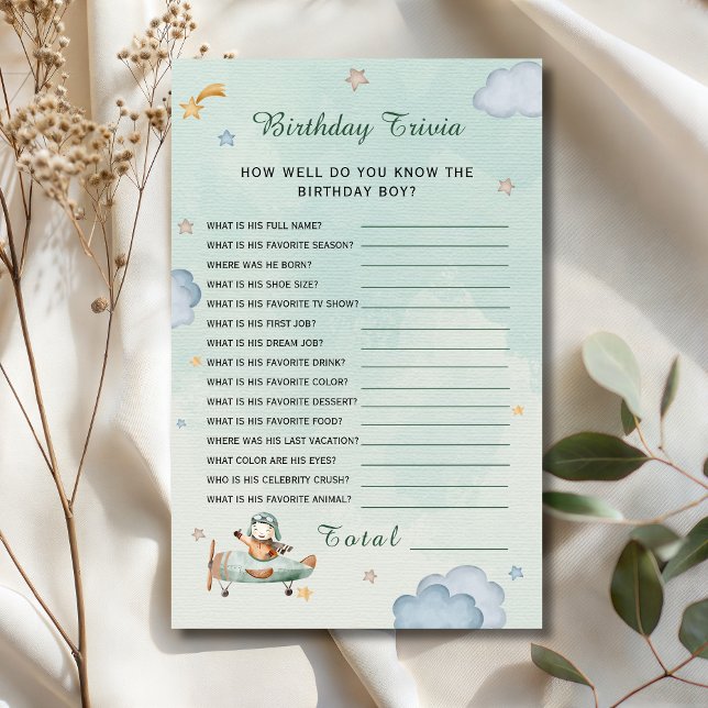 Sage Green Little Pilot Birthday Trivia Card (Skapare uppladdad)