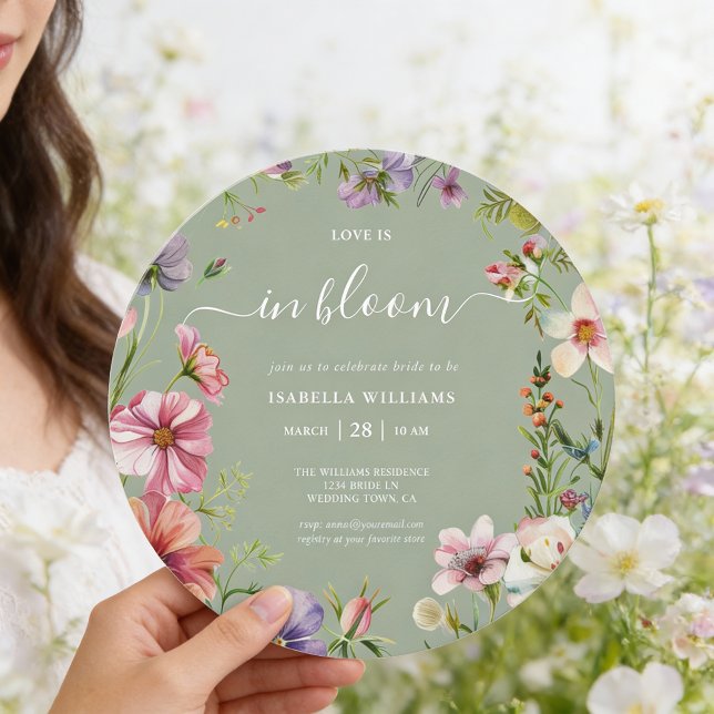 Sage Green Love in Bloom Floral Bridal Shower Inbjudningar (Front of round 5.25 inch invite is shown, choose paper and corner style. Add a QR Code to the back.)