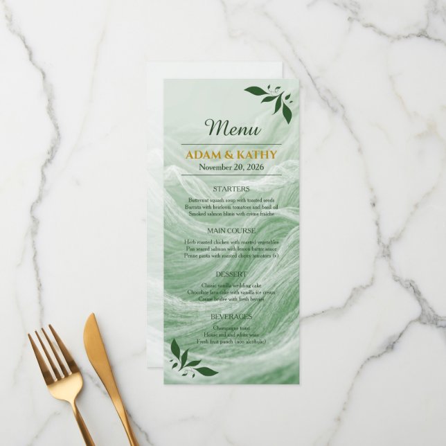 Sage Green Marble & Gold Wedding Menu Meny (Fram/Back In Situ)