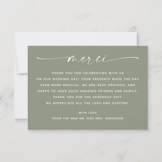Sage Green Merci | Modern Trädgårdsfoto Bröllop Tack Kort (Framsida)
