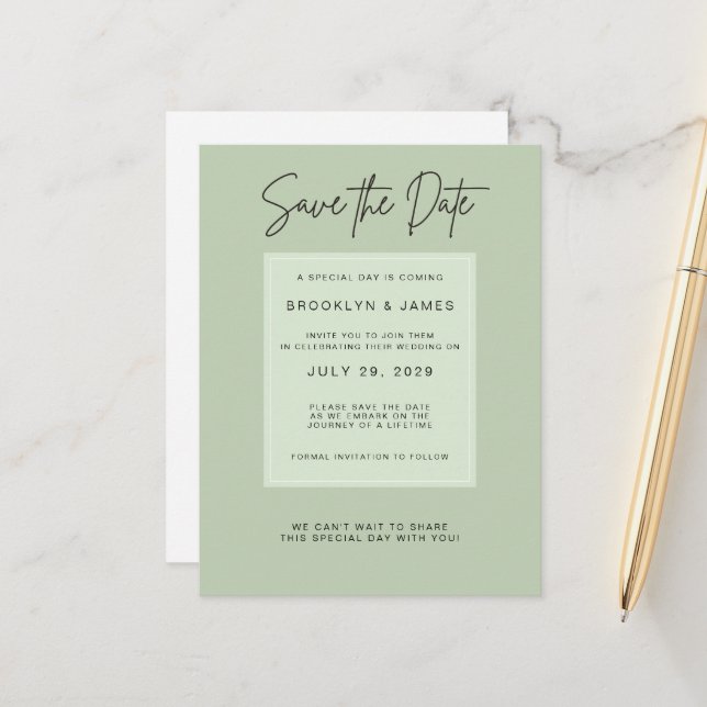 Sage Green Minimal Wedding Save The Date Meddelande Vykort (Fram/Back In Situ)