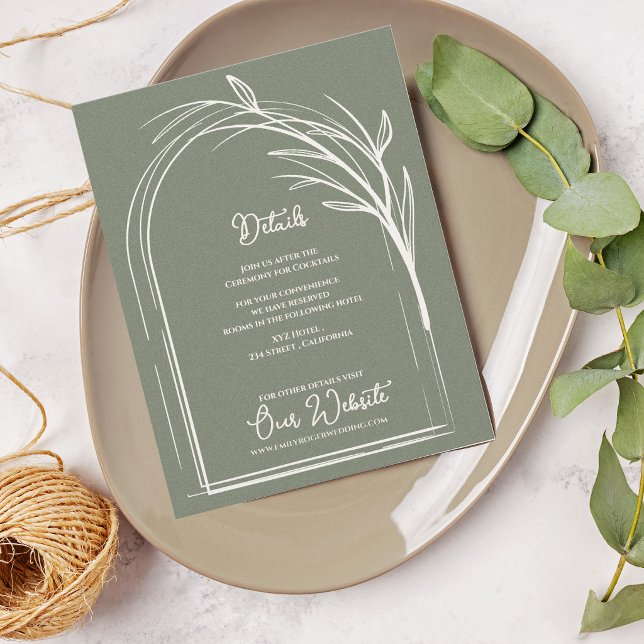 Sage Green Minimalist Arch Botanical Wedding Tilläggskort (Sage Green Minimalist Arch Botanical Wedding Details Enclosure Card | Modern Wedding Information)