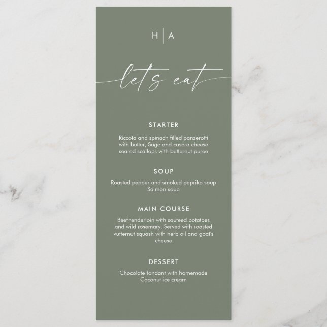 Sage Green Minimalist Handwriting Wedding Dinner  Meny (Framsida)