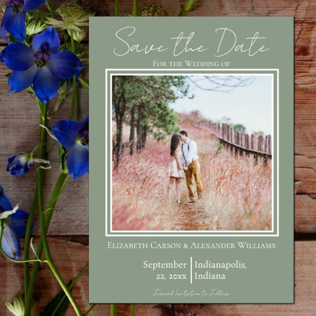 Sage Green Minimalistisk Foto Spara Datum Datumet (Sage Green Minimalist Photo Save the Date)