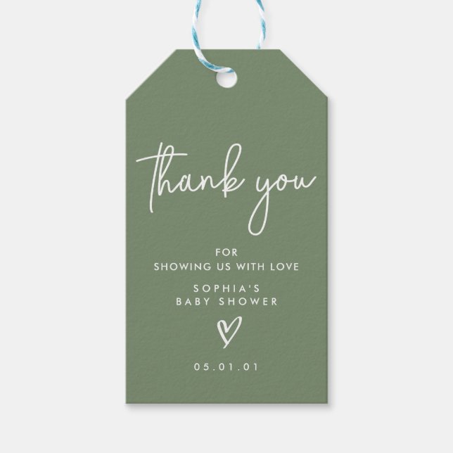 Sage Green Minimalistisk Modern Boho Bebis Shower Presentetikett (Framsidan)