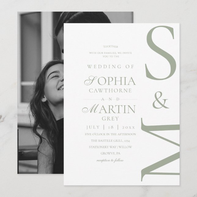 Sage Green Modern Wedding Photo Invitation Inbjudningar (Fram/baksida)