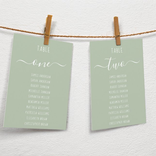 Sage Green Modern White Script Seating Chart Card (Skapare uppladdad)