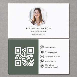 Sage Green Modernt Foto med QR-kod Sociala Medier Visitkort