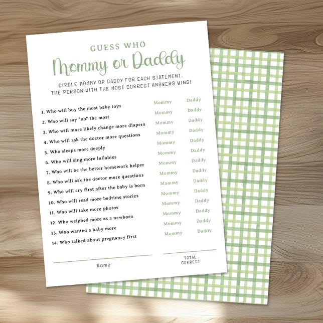 Sage Green Mommy or Daddy Baby Shower Game Card Rådkort (Mommy & Daddy Game Sheet)